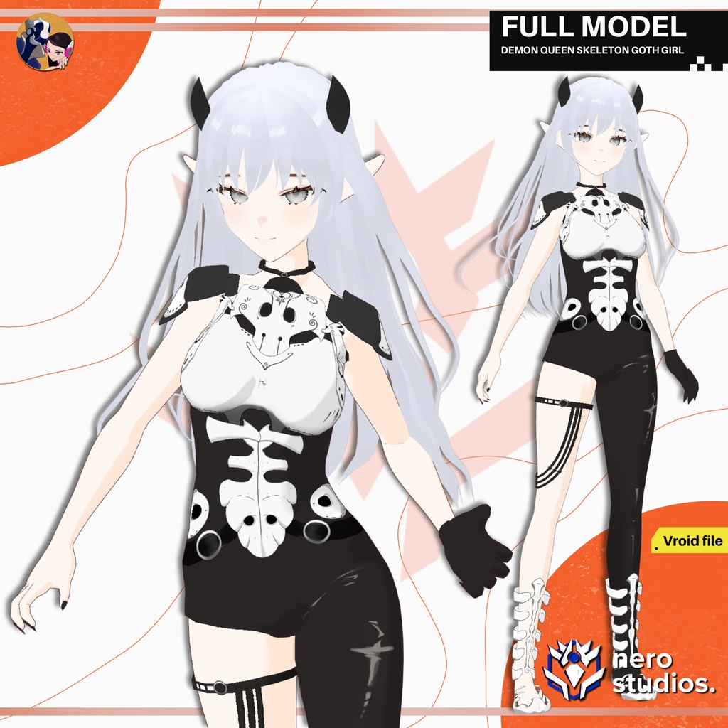 DEMON QUEEN SKELETON GOTH GIRL FEMALE DARK SEXY BODYSUIT FULL SET PRESET HAIRSTYLE (VROID FILE) / 鬼 サキュバス スケルトン ゴシック 女の子 ハロウィン衣装 ボディスーツ ストッキング