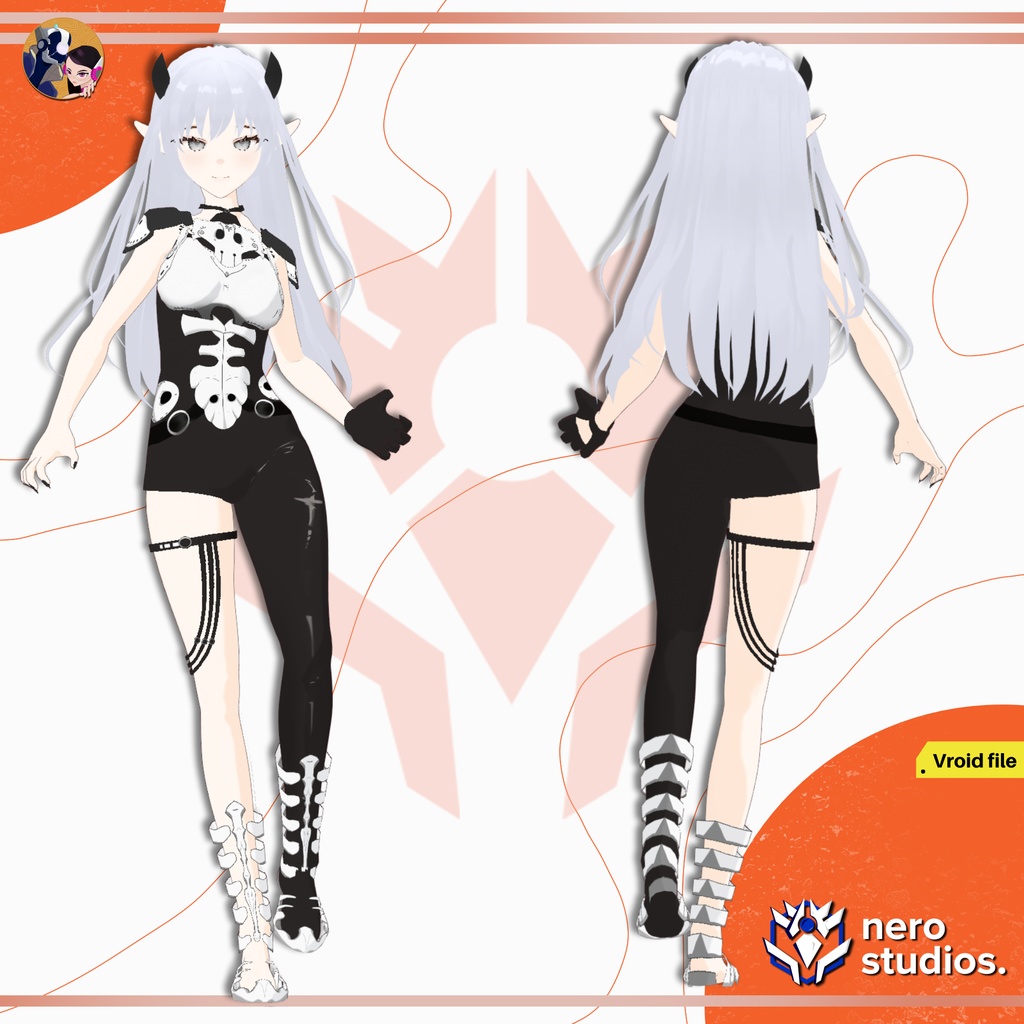 DEMON QUEEN SKELETON GOTH GIRL FEMALE DARK SEXY BODYSUIT FULL SET PRESET HAIRSTYLE (VROID FILE) / 鬼 サキュバス スケルトン ゴシック 女の子 ハロウィン衣装 ボディスーツ ストッキング