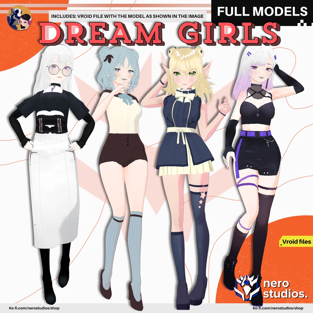 CUTE DATE DREAM GIRL OUTFITS ELEGANT DRESS SKIRT HEELS SEXY ANIME STYLE VINTAGE OUTFIT PIN UP STYLE (VROID FILES) / 3Dモデル かわいい ドレス 服装 ハイヒール ストッキング ビンテージ