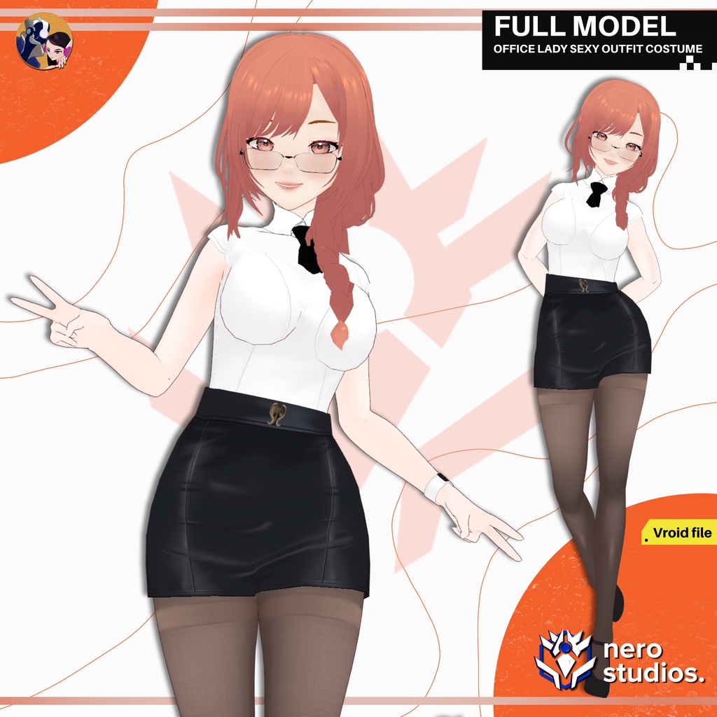 SEXY LADY COSTUMES OFFICE LADY OUTFIT SET MAID COSPLAY GIRL TIGHT SKIRT STOCKINGS HEELS PRESET HAIRSTYLE FULL ANIME STYLE (VROID FILES) / メイド メイド服 オフィス セクシー 赤毛 女の子 服装 タイツ ストッキング スカート ハイヒール