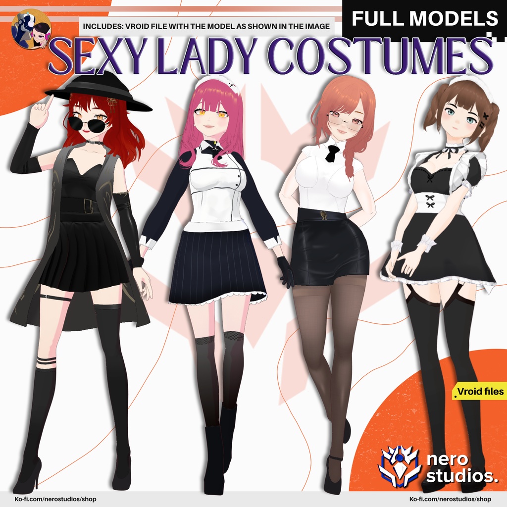 SEXY LADY COSTUMES OFFICE LADY OUTFIT SET MAID COSPLAY GIRL TIGHT SKIRT STOCKINGS HEELS PRESET HAIRSTYLE FULL ANIME STYLE (VROID FILES) / メイド メイド服 オフィス セクシー 赤毛 女の子 服装 タイツ ストッキング スカート ハイヒール