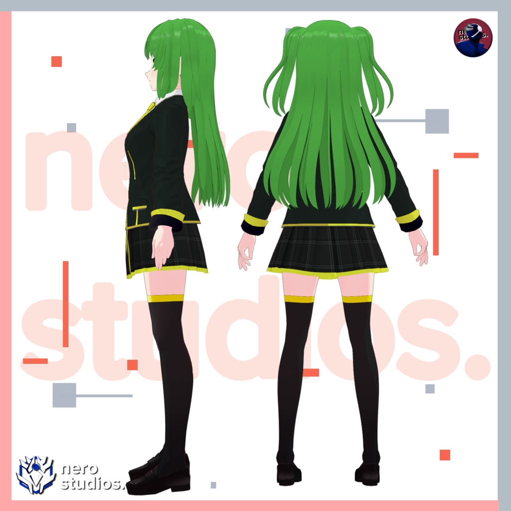 ART CLASS CUTE GIRL SCHOOL UNIFORM PINK HAIR FORMAL SUIT ACADEMY ANIME STYLE GREEN HAIR (VROID FILES) / 制服 女子高生 スカート 髪型 女の子 ストッキング コート ピンクの髪 緑の髪