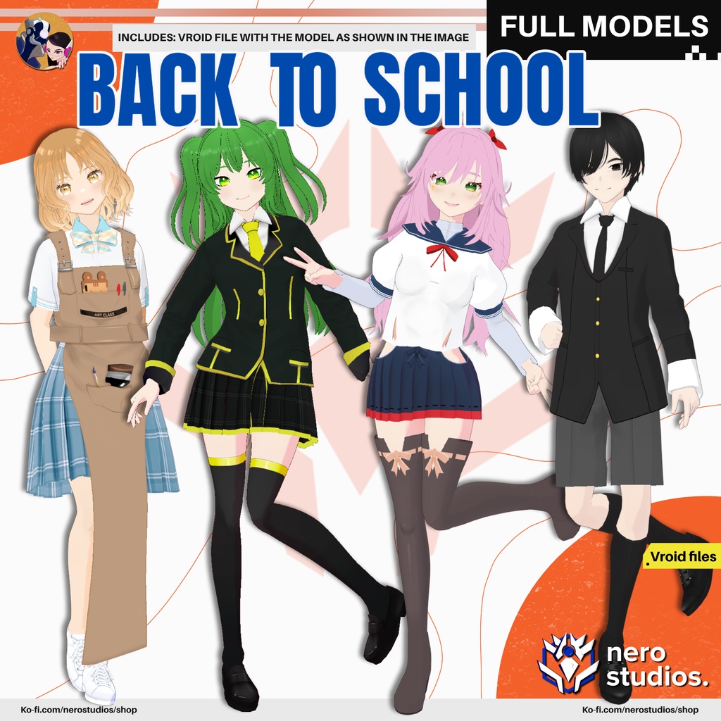 ART CLASS CUTE GIRL SCHOOL UNIFORM PINK HAIR FORMAL SUIT ACADEMY ANIME STYLE GREEN HAIR (VROID FILES) / 制服 女子高生 スカート 髪型 女の子 ストッキング コート ピンクの髪 緑の髪