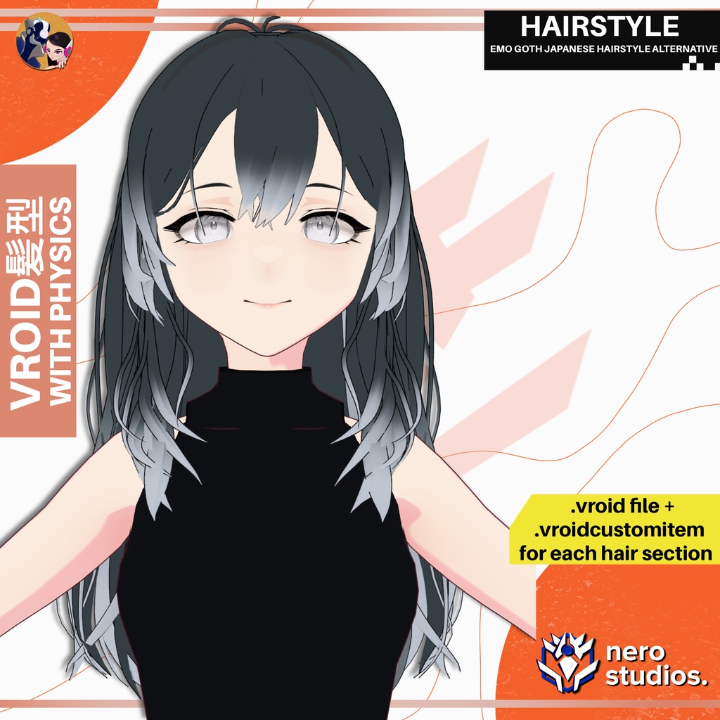 【VRoid 髪型】 エモ・ゴシックヘア|パンク風レイヤーヘア|前髪あり|ウルフカット VRoidヘア / EMO GOTH JAPANESE HAIRSTYLE ALTERNATIVE ROCK PUNK BANGS SIDE STYLIZED FULL SET PRESET HAIRSTYLE FOR VROID / ヘア 髪型 ゴシック 和風 長い髪 前髪