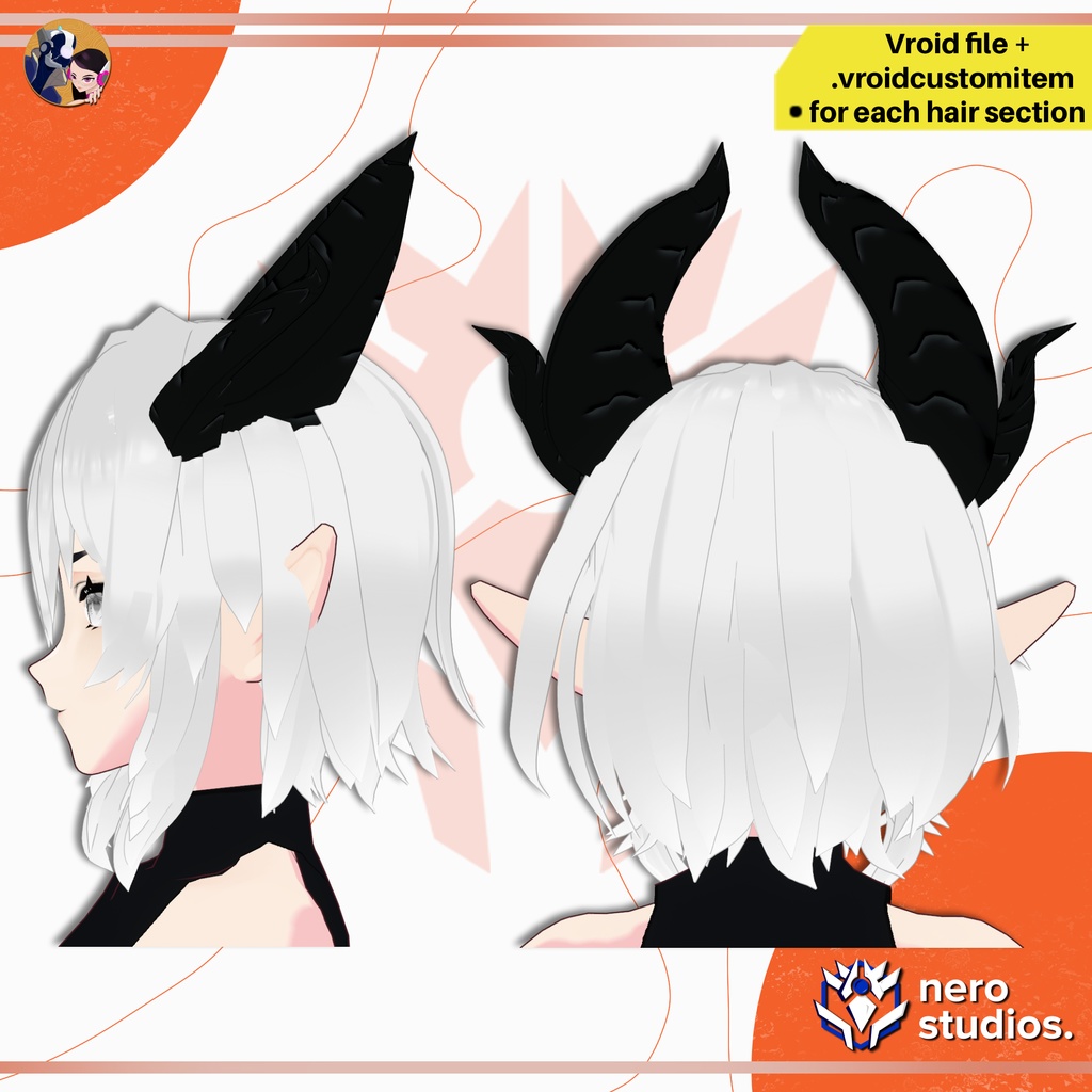 MESSY BANGS HORN DEMONS SEXY HAIRSTYLE FULL PRESET SET FOR VROID / VRoid用テクスチャ サキュバス 鬼 角 セクシー 髪型 女の子 ヘア
