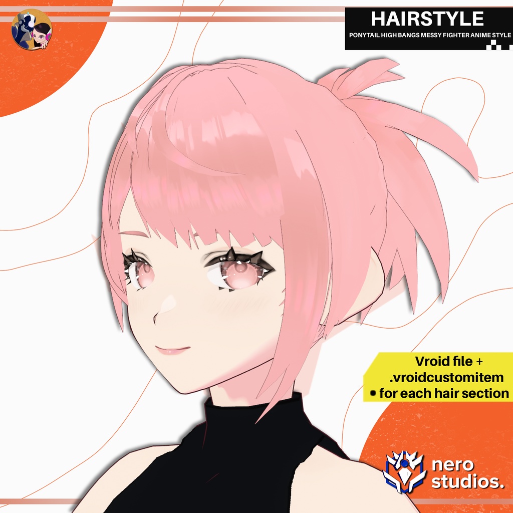 PONYTAIL HIGH BANGS MESSY FIGHTER ANIME STYLE HAIRSTYLE FULL PRESET SET CUSTOM ITEM FOR VROID / ポニーテール  髪型 女の子 かわいい ヘア ピンクの髪 前髪 