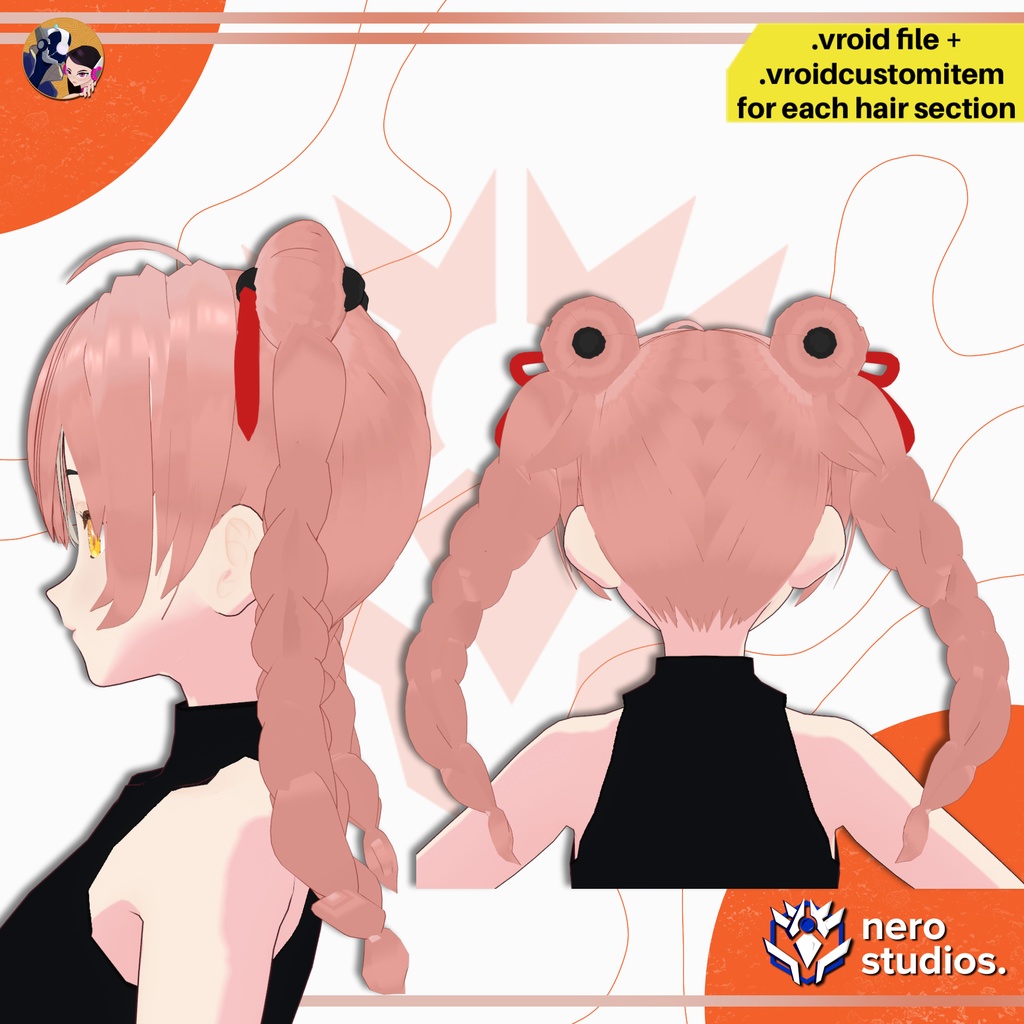 【VRoid髪型】 中華ツインお団子三つ編みヘア|かわいいアニメ風ヘアスタイル【VRoid用ヘアプリセット】 / BRAIDS DOUBLE HIGH PONYTAIL ORIENTAL ANIME STYLE CHINESE FULL PRESET SET HAIRSTYLE CUSTOM ITEM FOR VROID
