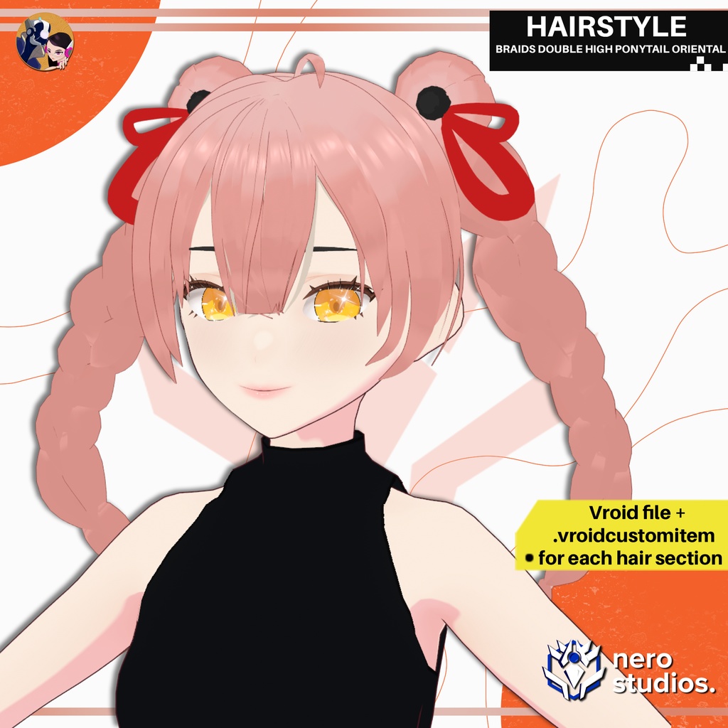 BRAIDS DOUBLE HIGH PONYTAIL ORIENTAL ANIME STYLE CHINESE FULL PRESET SET HAIRSTYLE CUSTOM ITEM FOR VROID / VRoid髪型 三つ編み髪 ポニーテール 女の子 髪型 ヘア オリエンタル ピンクの髪