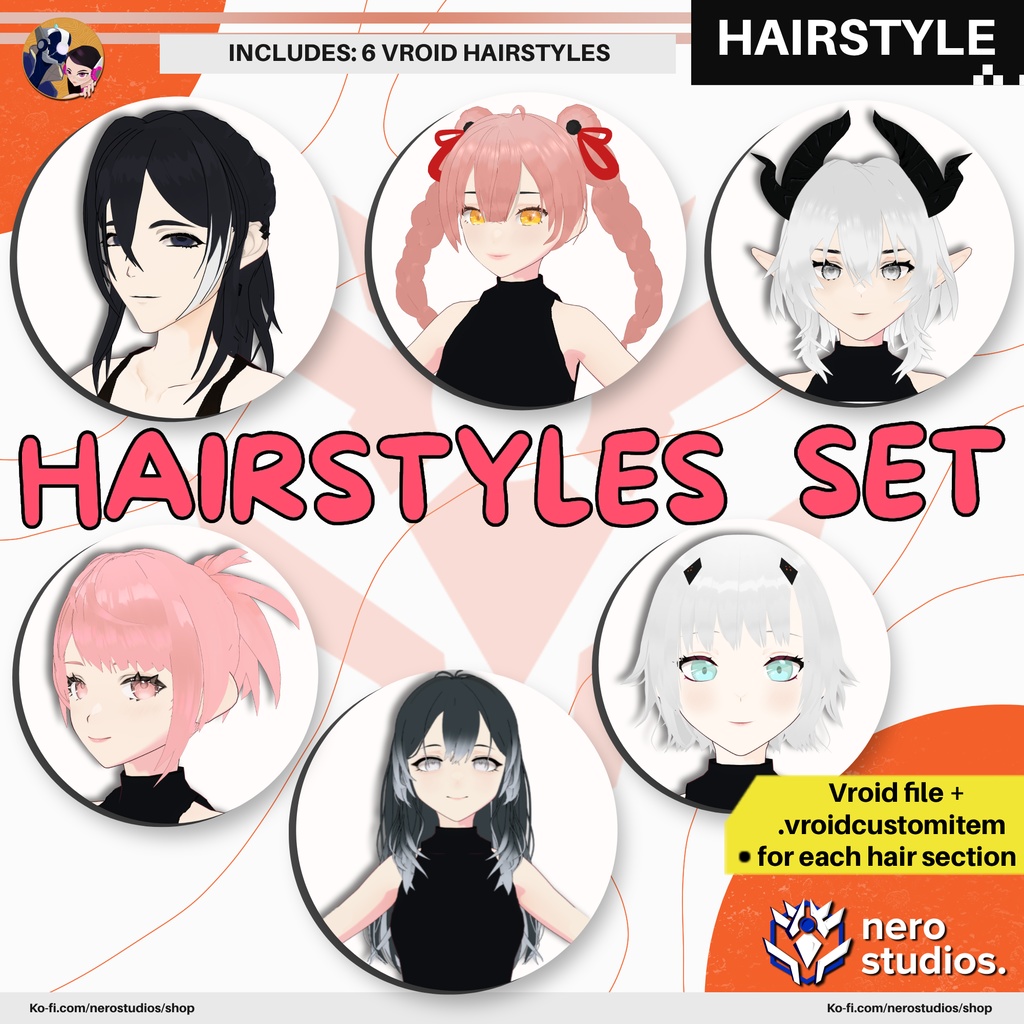 6 VROID HAIRSTYLES SET VTUBER ASSETS ANIME STYLE CYBERPUNK GOTHIC / VRoid用テクスチャ VRoid髪型 三つ編み髪 ポニーテール 女の子 髪型 ヘア オリエンタル ピンクの髪