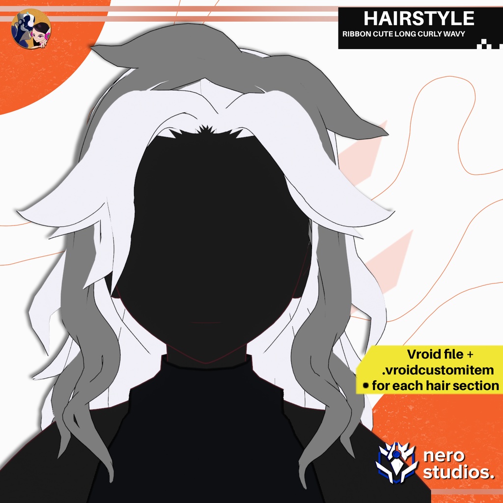 VRoid 髪型 RIBBON CUTE LONG CURLY WAVY HAIRSTYLE FULL SET CUSTOM ITEM PRESET FOR VROID / Vroid用衣装 3Dテクスチャ VRoid用テクスチャ ヘア 髪型 
