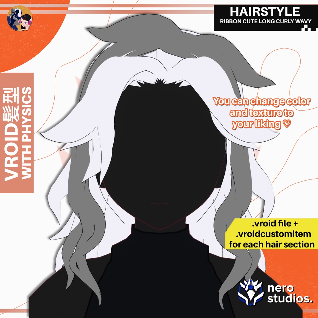 【VRoid 髪型】 【VRoidヘア】 巻き ヘア りぼん ロングヘア VRoidテクスチャ / RIBBON CUTE LONG CURLY WAVY HAIRSTYLE FULL SET CUSTOM ITEM PRESET FOR VROID