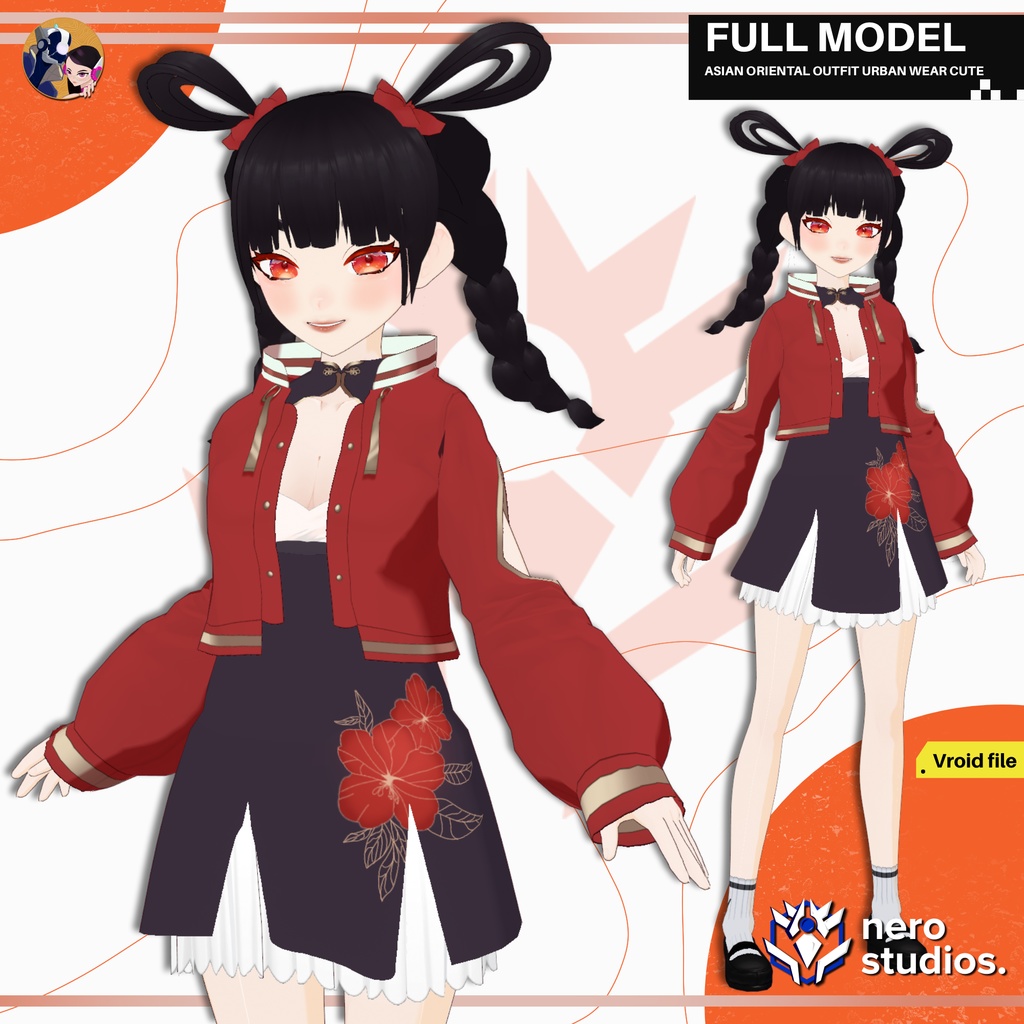 ASIAN ORIENTAL OUTFIT URBAN WEAR CUTE CHINESE STYLE ANIME DESIGN FULL SET PRESET AND HAIRSTYLE FOR VROID (VROID FILE) / 3Dキャラクター 3Dモデル オリエンタル 和風 都会的な かわいい