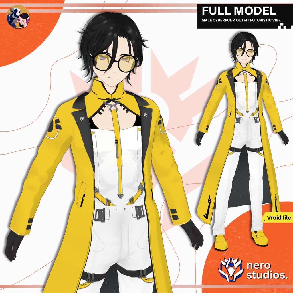 【VRoid 男性用】サイバーパンク・テックウェアコート|近未来クール系フルセット(髪型プリセット付き) / MALE CYBERPUNK OUTFIT FUTURISTIC VIBE COAT TECH WEAR COOL HANDSOME FULL SET PRESET HAIRSTYLE FOR VROID (VROID FILE)