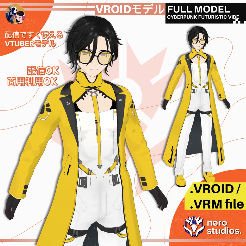 【VRoid 男性用】サイバーパンク・テックウェアコート|近未来クール系フルセット(髪型プリセット付き) / MALE CYBERPUNK OUTFIT FUTURISTIC VIBE COAT TECH WEAR COOL HANDSOME FULL SET PRESET HAIRSTYLE FOR VROID (VROID FILE)