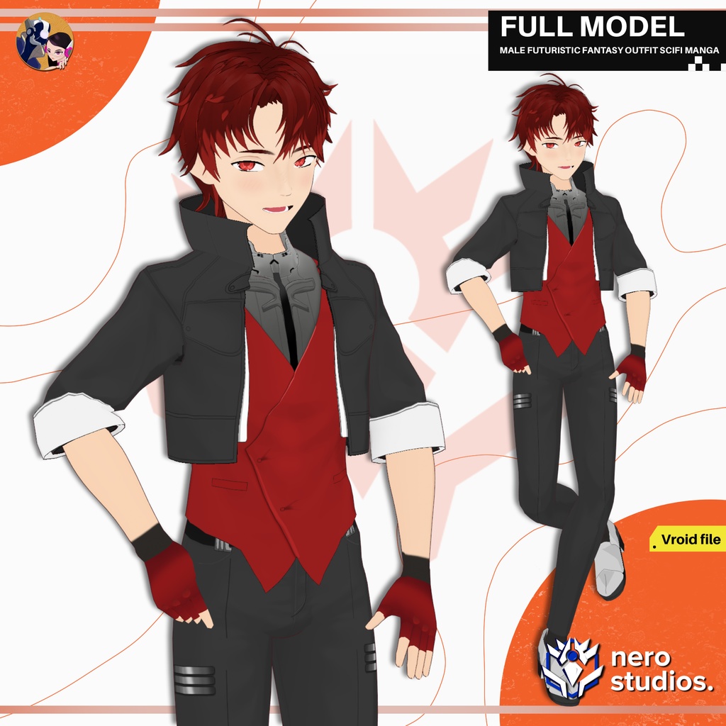 【VRoid用 男性】SFファンタジー・サイバーパンク｜クール系イケメンフルモデル（髪型付き）/ MALE FUTURISTIC FANTASY OUTFIT SCIFI MANGA CYBERPUNK FULL PRESET HAIRSTYLE TEXTURE FOR VROID (VROID FILE)