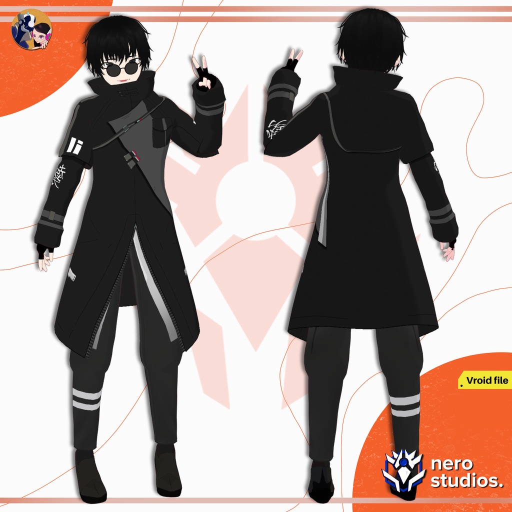 【VRoid 男性用】ダークサイバーウェア サイバーパンク|クール系イケメンフルモデル(髪型プリセット付き)/ MALE CYBERWEAR CYBERPUNK OUTFIT DARK STYLE FUTURISTIC SET PRESET HAIRSTYLE FOR VROID (VROID FILE)