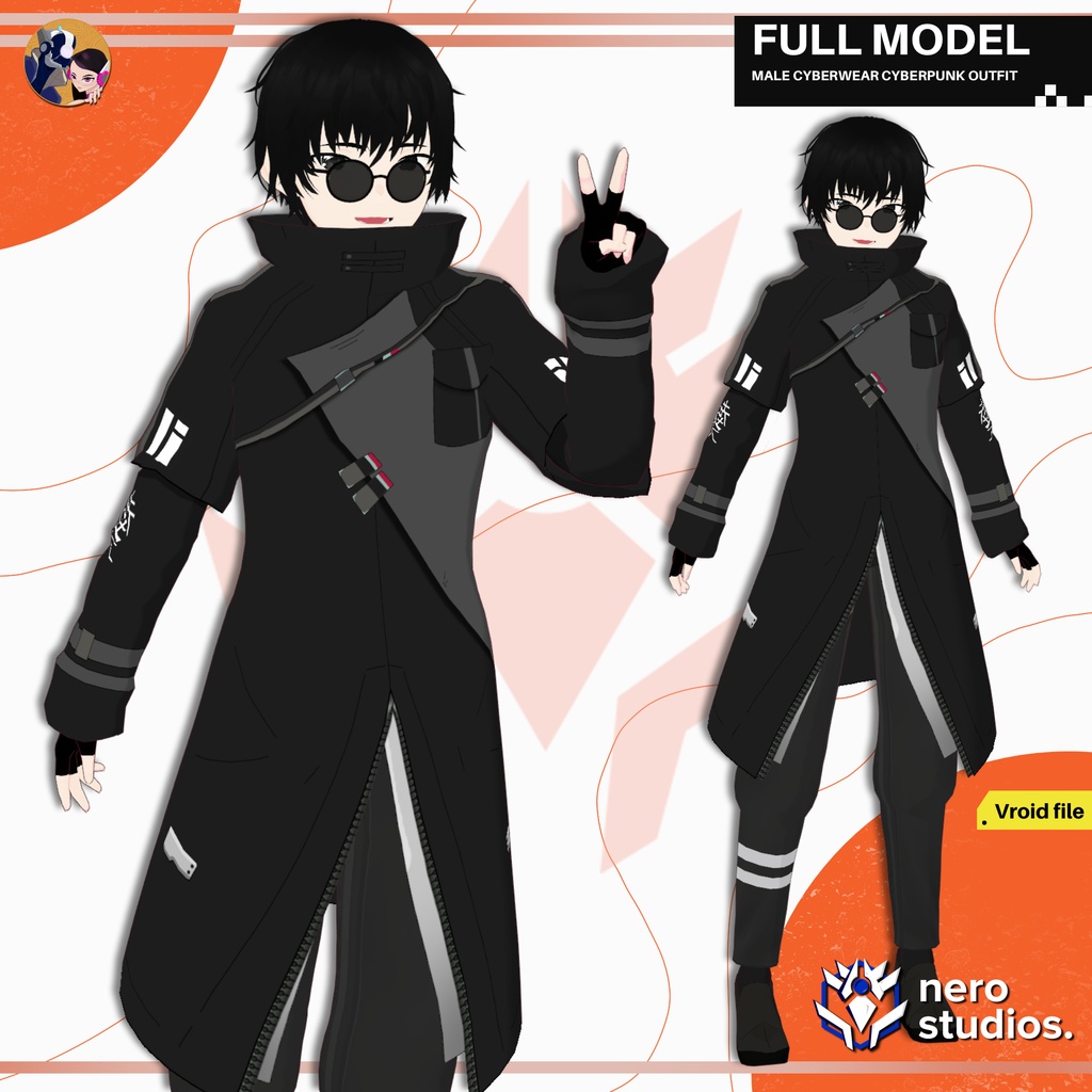 【VRoid 男性用】ダークサイバーウェア サイバーパンク|クール系イケメンフルモデル(髪型プリセット付き)/ MALE CYBERWEAR CYBERPUNK OUTFIT DARK STYLE FUTURISTIC SET PRESET HAIRSTYLE FOR VROID (VROID FILE)