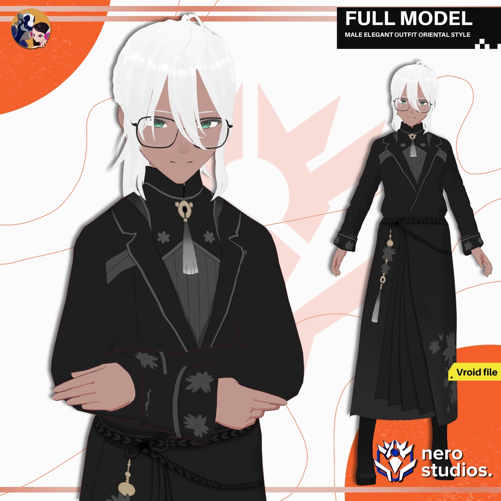 【VRoid 男性用】東洋風エレガント｜和風 知的系イケメンフルモデル（髪型プリセット付き）/ MALE ELEGANT OUTFIT ORIENTAL STYLE SUIT HANDSOME COOL DARK FULL SET TEXTURE HAIRSTYLE PRESET FOR VROID (VROID FILE)
