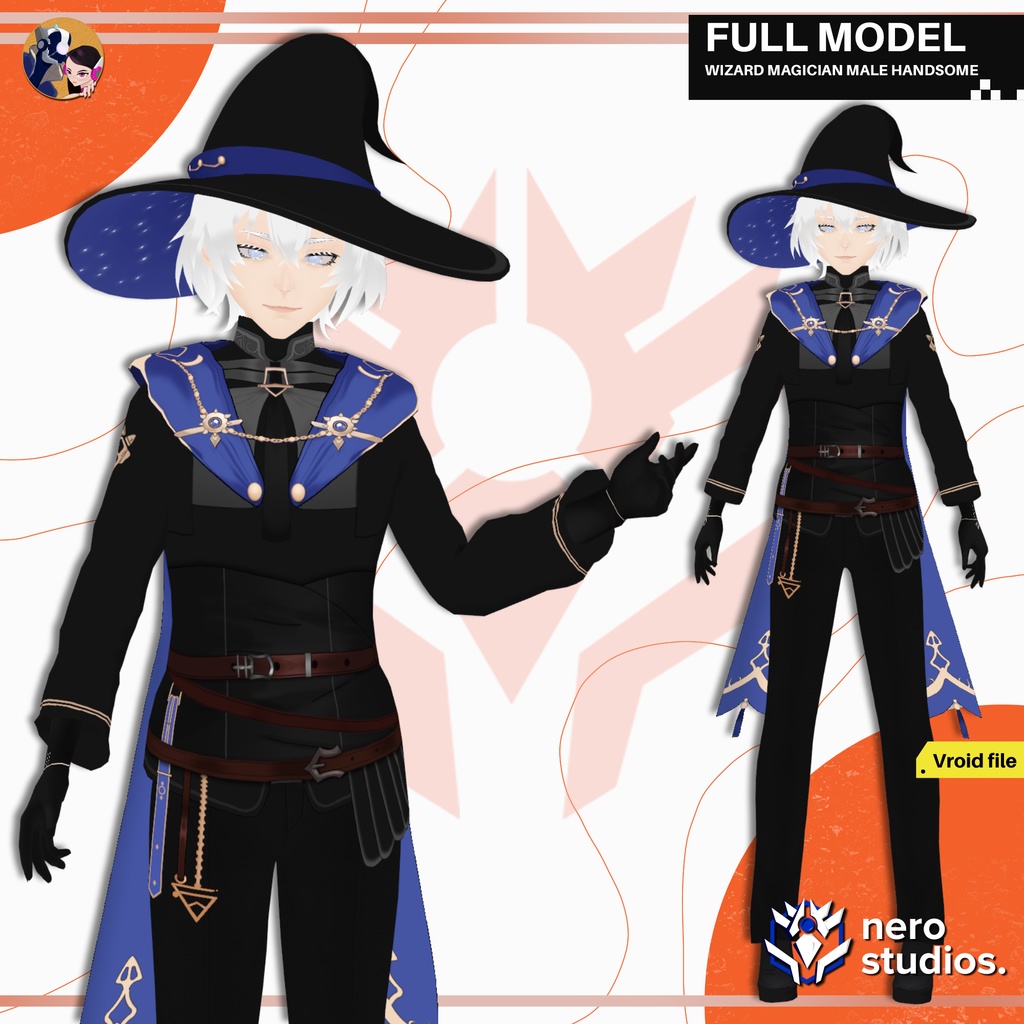 【VRoidモデル】ファンタジー魔法使い 男性アバター フルセット 高精細テクスチャ付き / WIZARD MAGICIAN MALE HANDSOME MODEL FULL OUFTIT HAIRSTYLE TEXTURES PRESETS (VROID FILE)