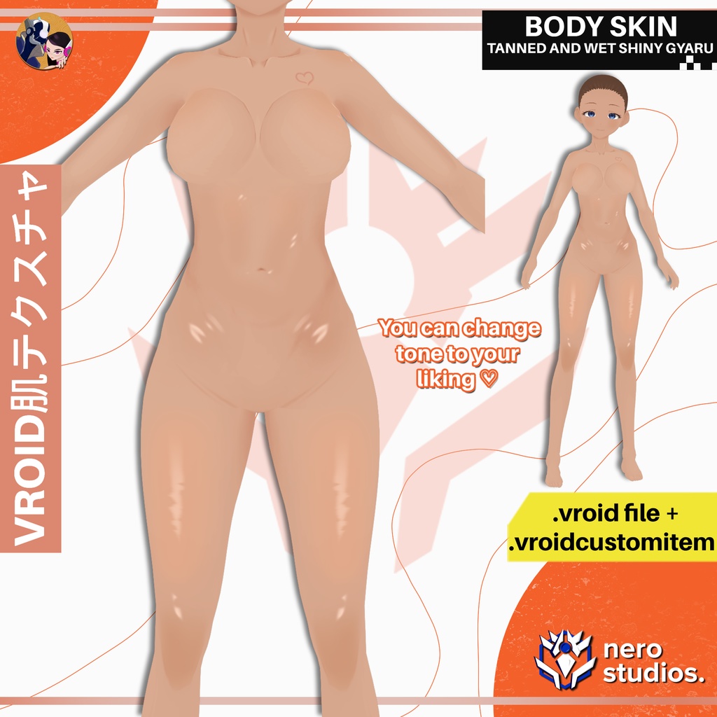 【VRoid肌テクスチャ】 ツヤ感ギャル日焼けスキンテクスチャ（VRoid用） / VROID BODY SKIN TANNED AND WET SHINY GYARU SKIN TEXTURE PRESET CUSTOM ITEM PLUS VROID FILE