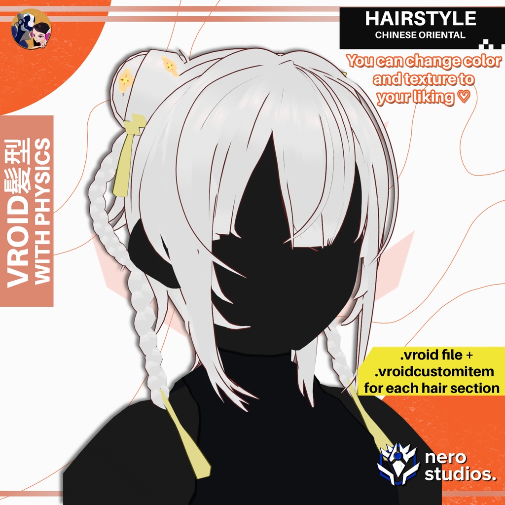 【VRoid髪型】 中華風ツインお団子ヘア｜VRoidヘアプリセット  | ELEGANT CHINESE ORIENTAL HAIRSTYLE TWIN BUNS CUTE ACCESORIES HAIRSTYLE FOR VROID