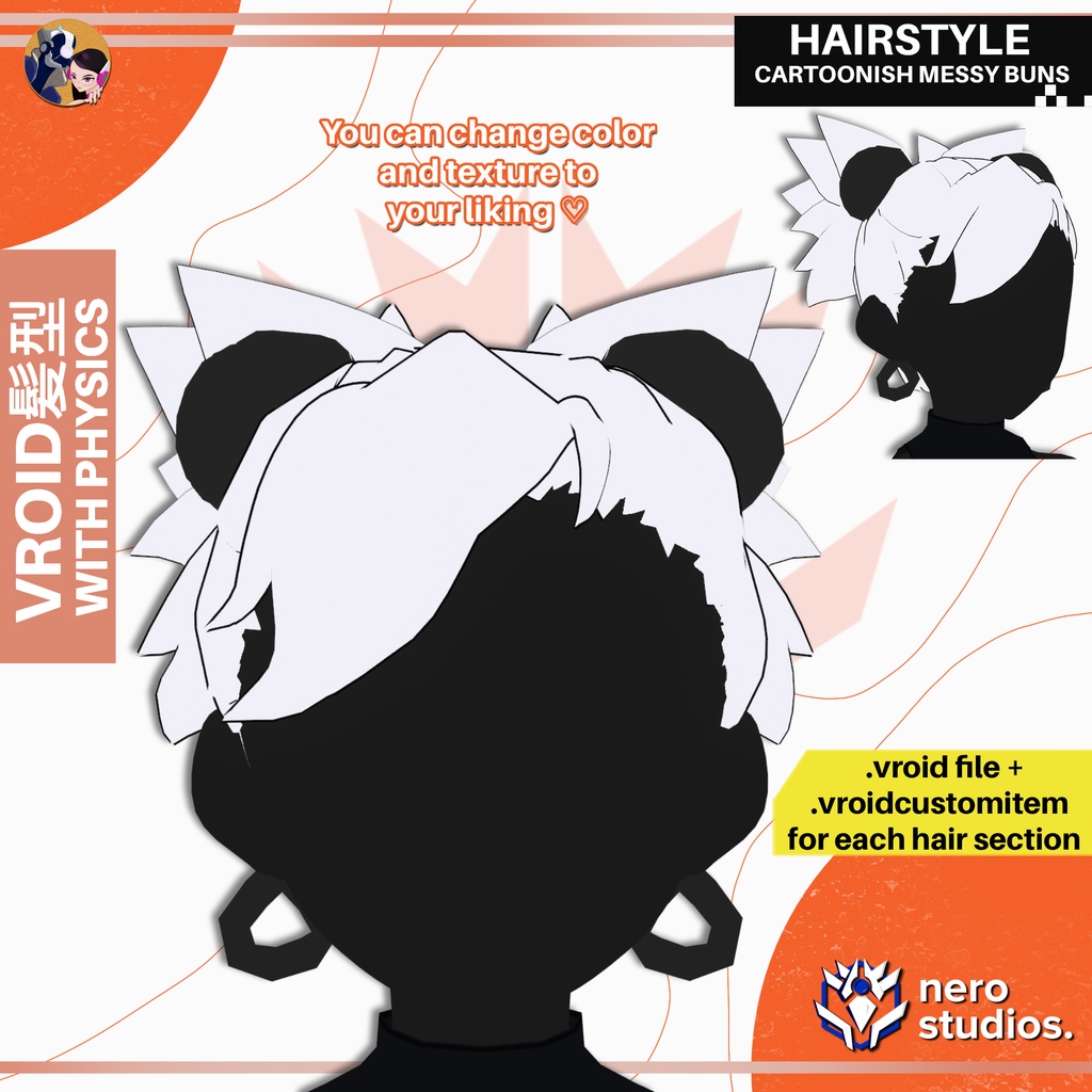 【VRoid 髪型】 かわいいツインお団子ヘア | VRoid用アニメ髪型プリセット | CARTOONISH MESSY BUNS ANIME STYLE BIG BANGS HAIR PRESET FOR VROID