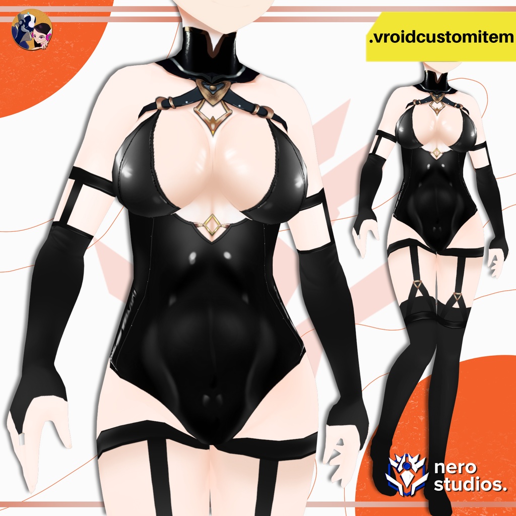 【VRoid 衣装】 ゴシック ハーネス ボディスーツ フルセット|黒 ストラップ ニーハイ 手袋|VRoidカスタムアイテム | GOTHIC HARNESS BODYSUIT OUTFIT | DARK FANTASY BLACK STRAPS STOCKINGS GLOVES | VROID CUSTOM ITEM