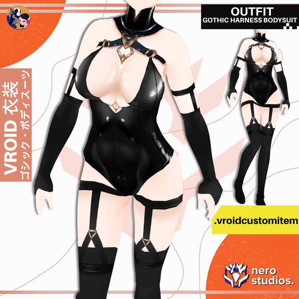 【VRoid 衣装】 ゴシック ハーネス ボディスーツ フルセット｜黒 ストラップ ニーハイ 手袋｜VRoidカスタムアイテム | GOTHIC HARNESS BODYSUIT OUTFIT | DARK FANTASY BLACK STRAPS STOCKINGS GLOVES | VROID CUSTOM ITEM