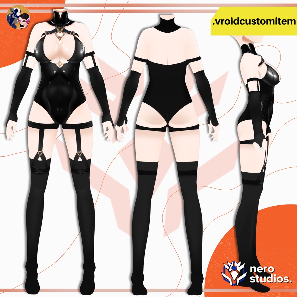 【VRoid 衣装】 ゴシック ハーネス ボディスーツ フルセット|黒 ストラップ ニーハイ 手袋|VRoidカスタムアイテム | GOTHIC HARNESS BODYSUIT OUTFIT | DARK FANTASY BLACK STRAPS STOCKINGS GLOVES | VROID CUSTOM ITEM