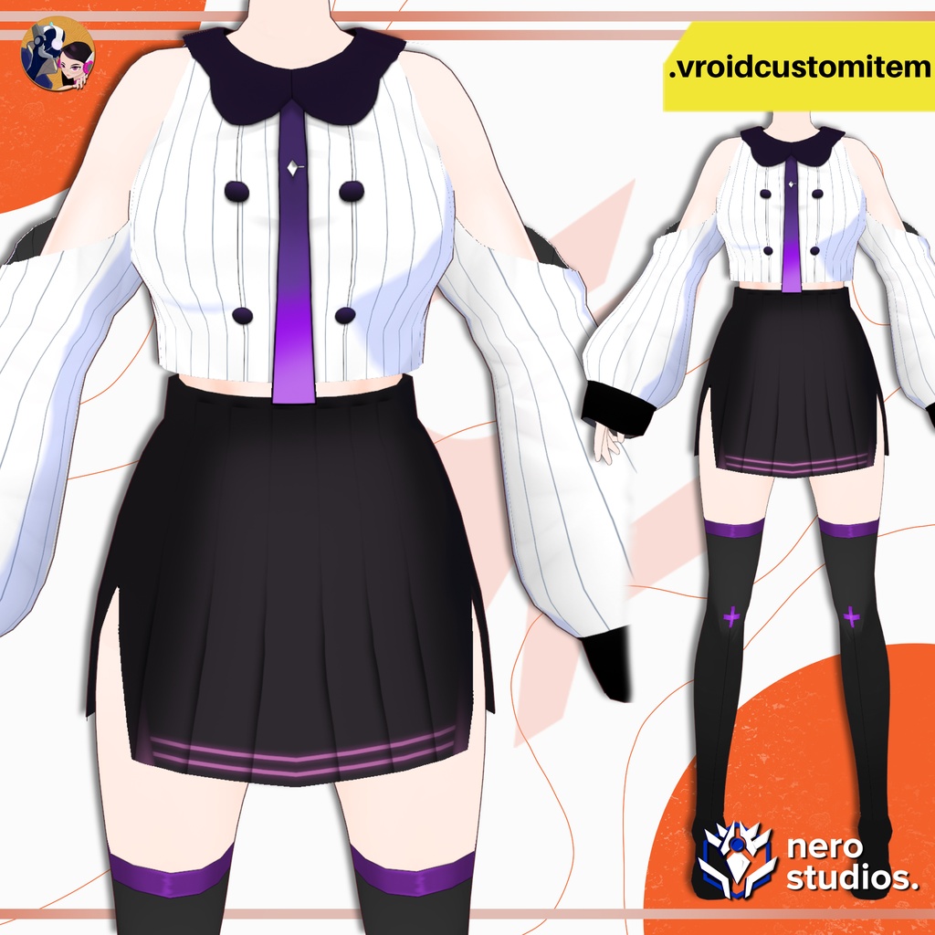 【VRoid 衣装】 VRoid アーバンスタイル衣装|かわいいトップス ミニスカート ニーハイ|カスタムアイテム | VROID URBAN STYLE OUTFIT | CUTE STREETWEAR TOP, MINI SKIRT & THIGH HIGHS | VROID CUSTOM ITEM