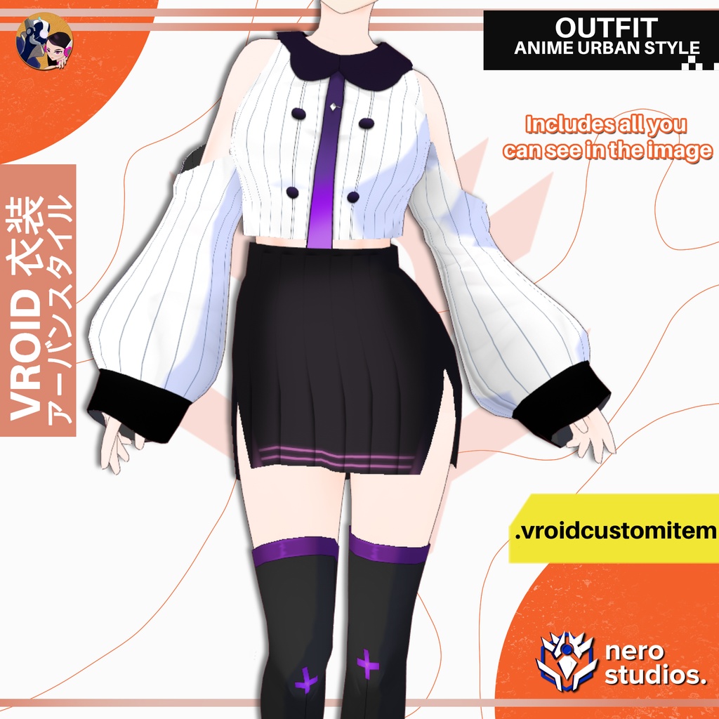 【VRoid 衣装】 VRoid アーバンスタイル衣装｜かわいいトップス ミニスカート ニーハイ｜カスタムアイテム | VROID URBAN STYLE OUTFIT | CUTE STREETWEAR TOP, MINI SKIRT & THIGH HIGHS | VROID CUSTOM ITEM