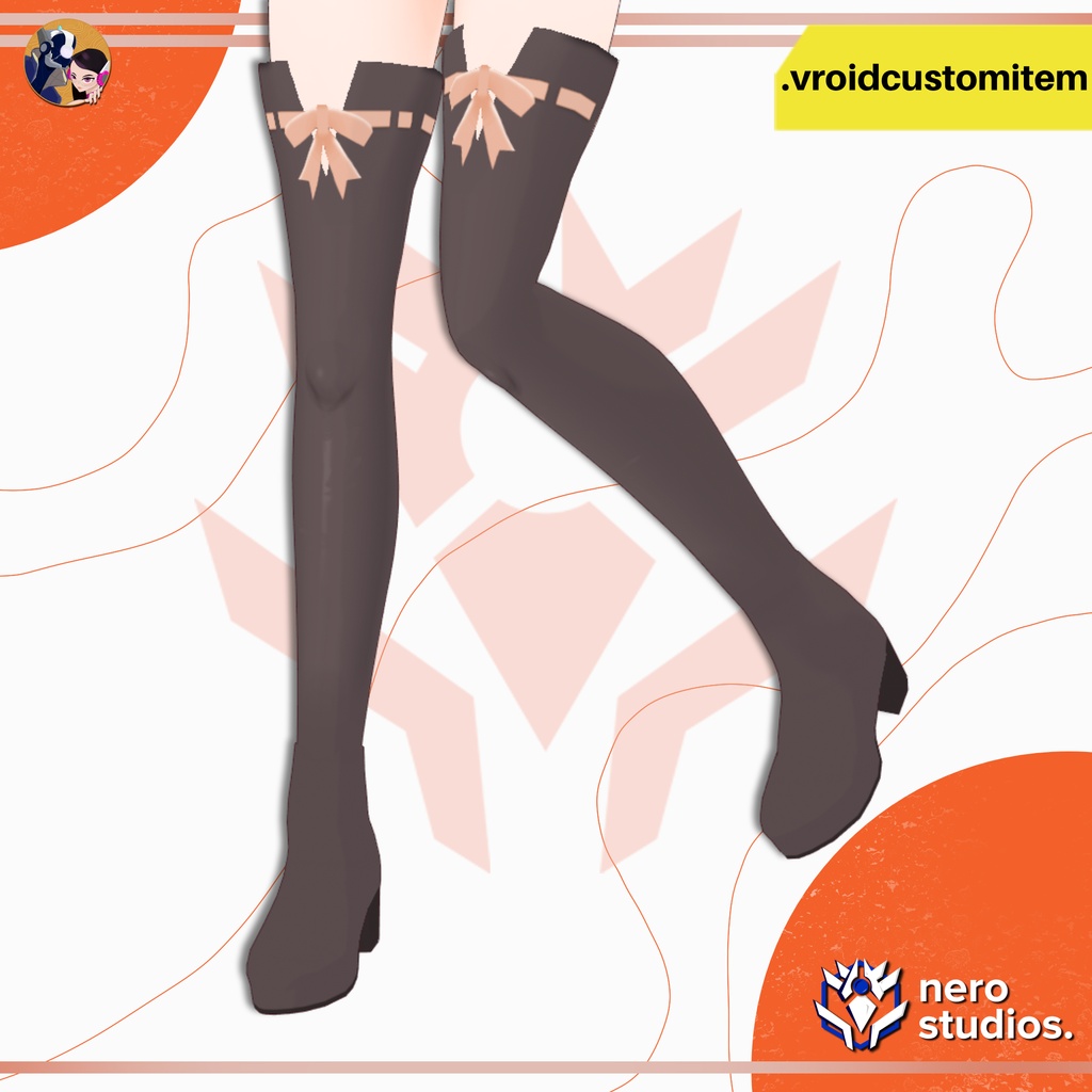 【VROID 靴】 VRoid リボン付きニーハイブーツ|かわいいハイヒール ロングブーツ|カスタムアイテム | VROID CUTE RIBBON THIGH HIGH BOOTS | HEELED OVER KNEE BOOTS CUSTOM ITEM