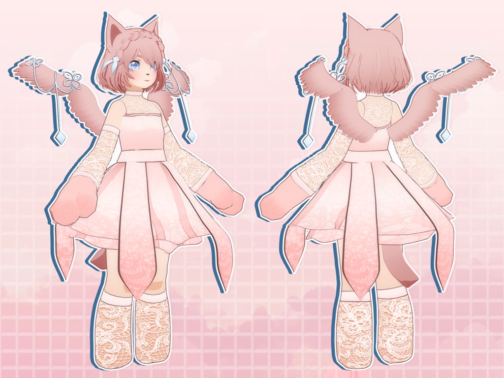 【VRoidVRMモデル】  ピンクのレースの天使猫娘セット / Pink Lace Angel Cat Girl Set