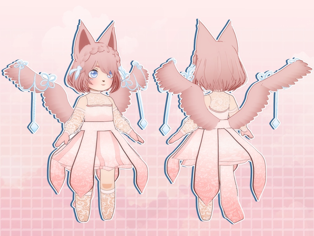 【VRoidVRMモデル】  ピンクのレースの天使猫娘セット / Pink Lace Angel Cat Girl Set