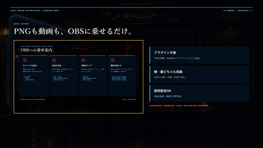 〖VTuber・配信者向け〗雨夜終電 配信画面パック|旅雑談・作業・2人・ゲーム・縦型