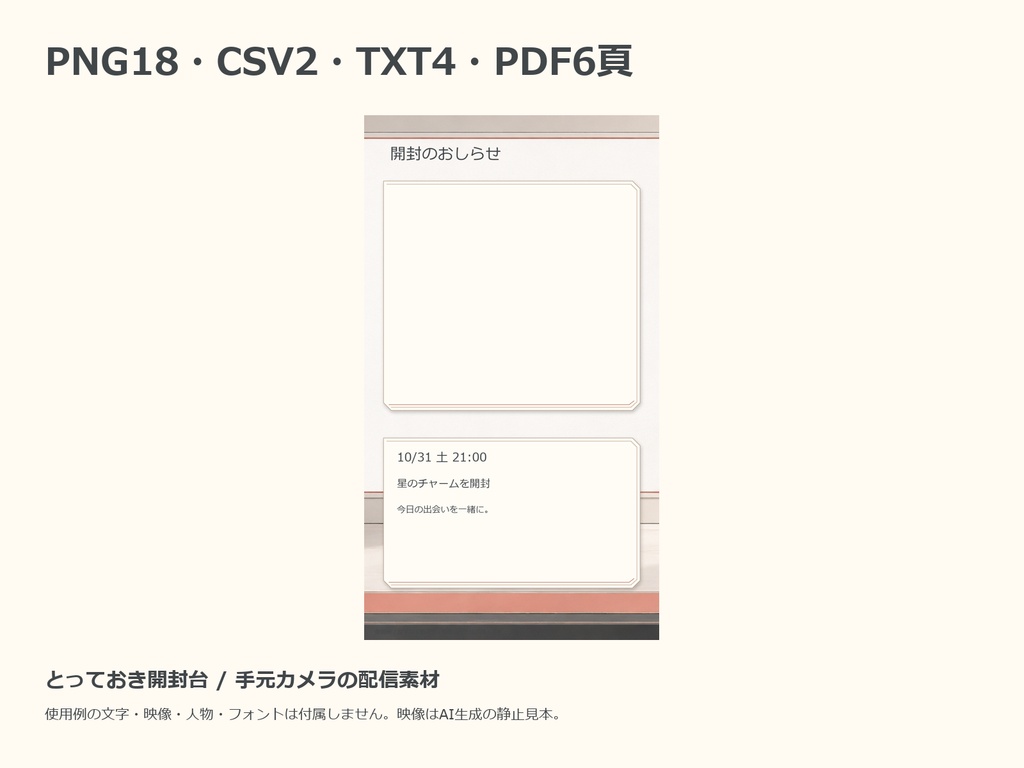 とっておき開封台|手元カメラ・一品紹介・収穫一覧の配信素材セット