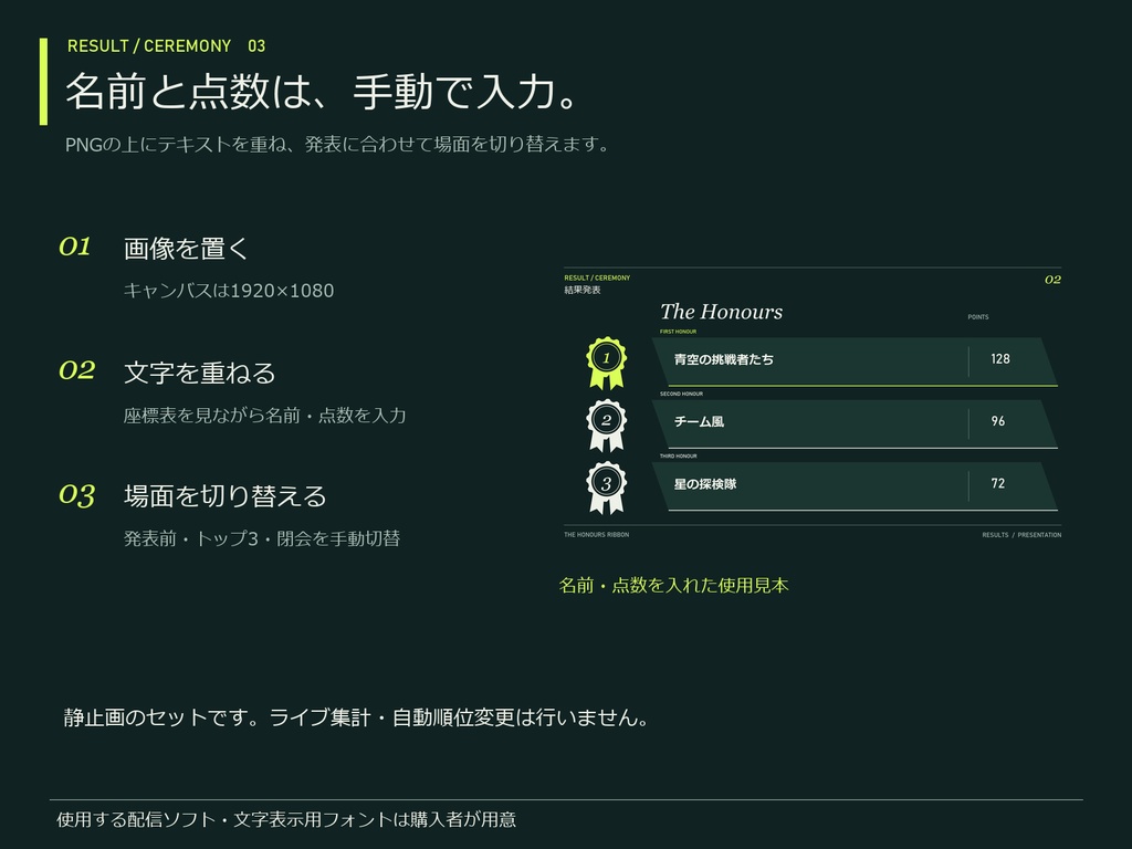 大会・企画の結果発表セット|3場面+透過名札