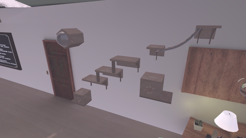【VRChat想定】壁掛けキャットウォークセット|座れるガラス猫ハウス付き