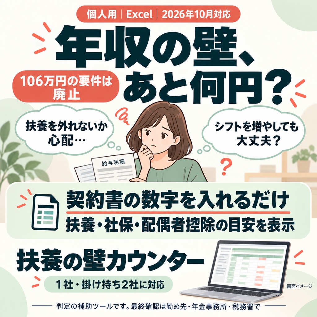 年収の壁、あと何円？｜パート・アルバイト用 扶養・社会保険・配偶者控除チェック表【Excel・2026年10月対応】