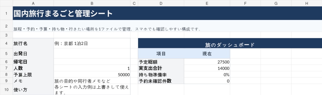 国内旅行まるごと管理シート|旅程・予約・予算・持ち物を1つで管理