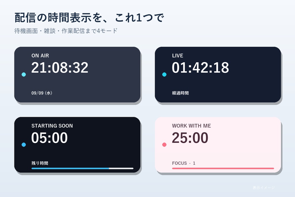 【無料版あり・OBS】時計・タイマー4モードセット|色・フォント変更|Plainly Stream Timekeeper