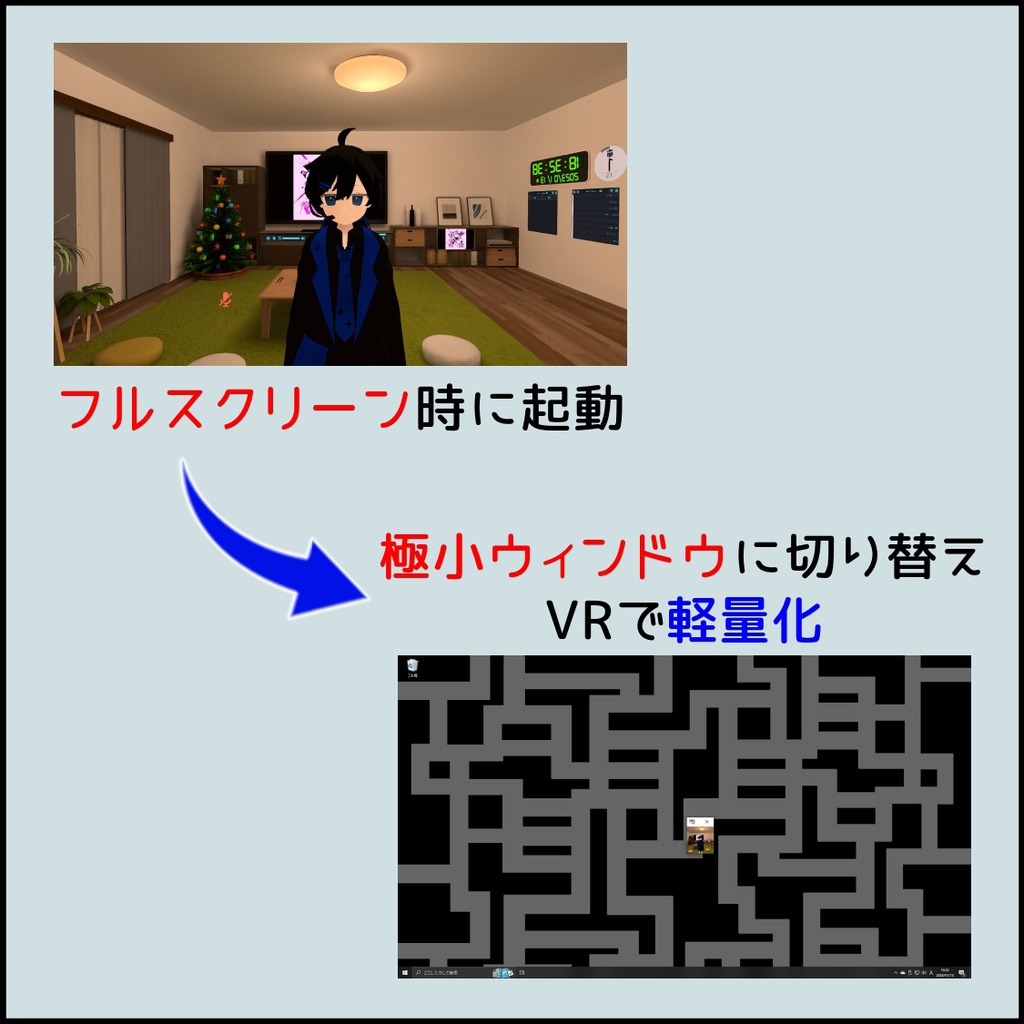 【無料】起動するとVRChatの画面をフルスクリーンにしたりすごく小さくしたりするやつ