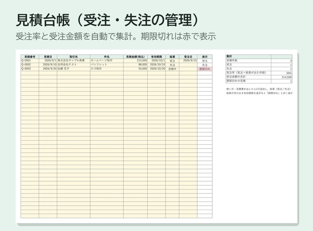 【インボイス対応】見積書Excelテンプレート プロ版|取引先・品目マスタ/有効期限の自動計算/見積台帳で受注率