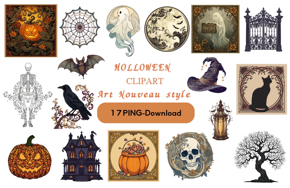 アールヌーヴォー風ハロウィン クリップアート１７種セット　PING背景透過
