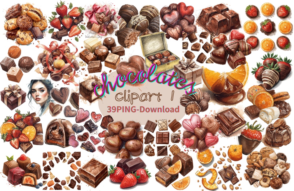 バレンタインにも使えるチョコ好きさんのためのチョコレートクリップアート素材セット１　PNG形式（背景透過）39種