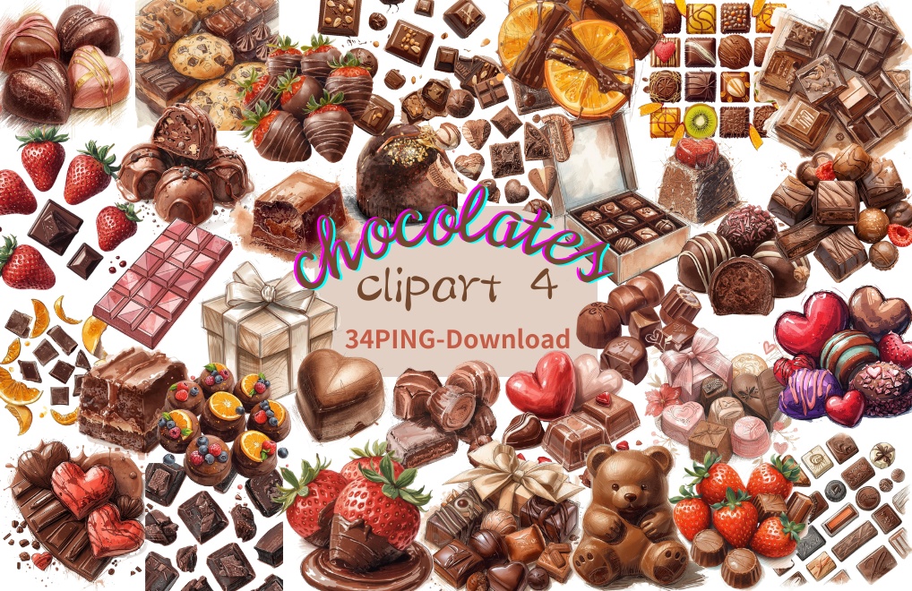 チョコ好きさんのためのチョコレートクリップアート素材セット４　PNG形式（背景透過）34種