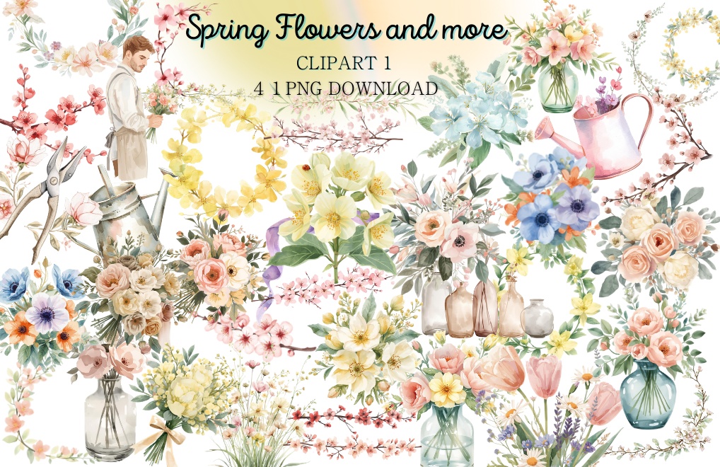 🌼 淡い水彩タッチのフラワーショップ クリップアートセット１　全４１種　PNG形式（背景透過）🌼