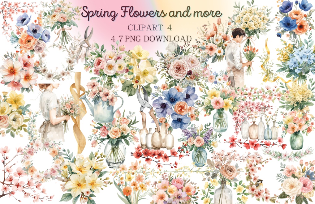 🌼 春の花 フラワーショップ クリップアートセット４　全４７種　PNG形式（背景透過）🌼