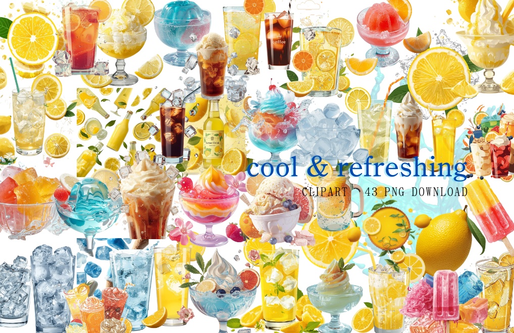 🧊 Cool&Refreshing 氷・アイス・ドリンク クリップアートセット 43種 PNG(背景透過)