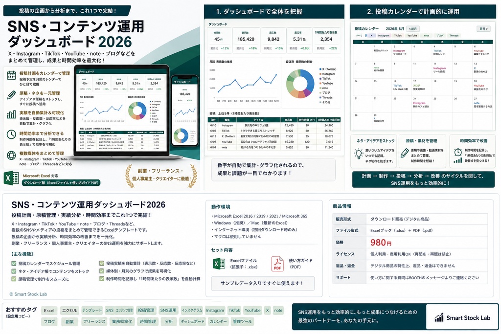 SNS・コンテンツ運用ダッシュボード2026｜投稿管理・実績分析・時間効率をExcelで一括管理